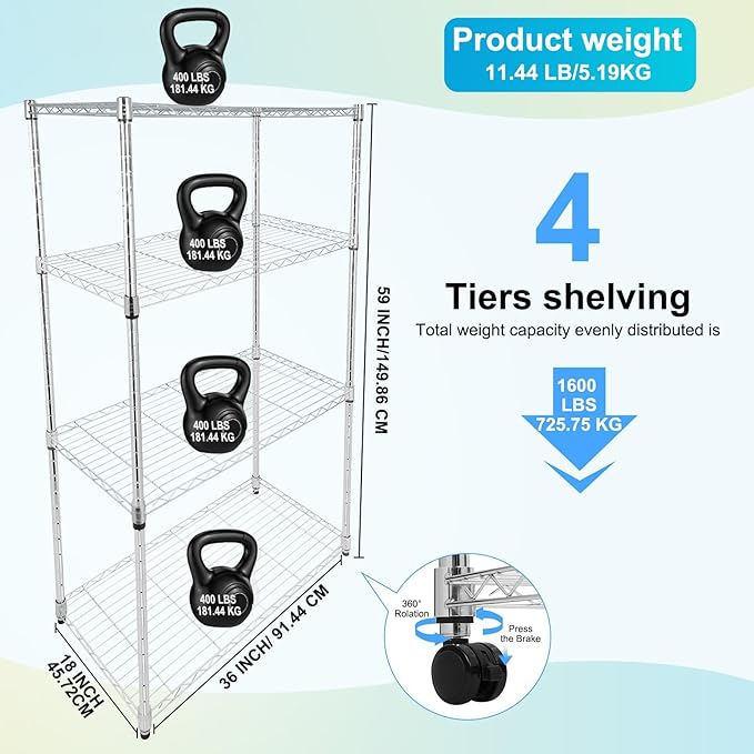 Whitmor 4 Tier Storage Shelves, Heavy Duty with Wheels, 400 lbs Capacity per Shelf, Max 1600 lbs Total, Adjustable Shelving Unit for Garage, Kitchen, Bathroom, 36" L x 18" W x 59" H, Chrome
