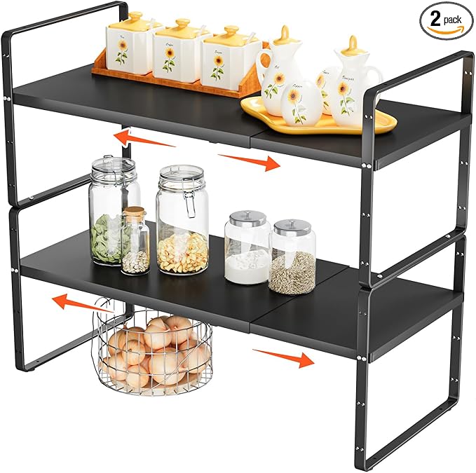 2Pack 16.5-27’’L Expandable Stackable Cabinet Shelves, Adjustable Spice Rack Cabinet Shelf Organizer for Kitchen, Countertop, Pantry and Cupboard, Black