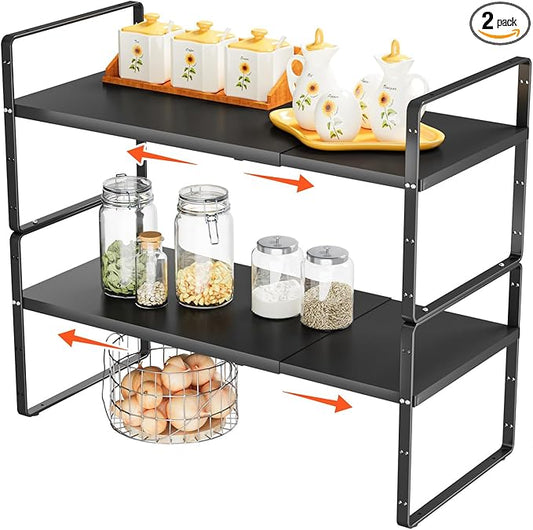 2Pack 16.5-27’’L Expandable Stackable Cabinet Shelves, Adjustable Spice Rack Cabinet Shelf Organizer for Kitchen, Countertop, Pantry and Cupboard, Black