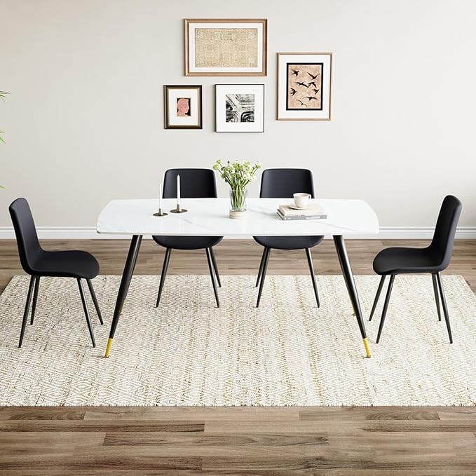 White Dining Table Set for 4, Sintered Stone Dining Room Sets for 4, Easy to Assemble