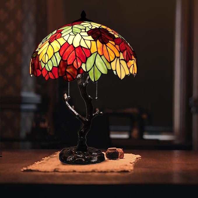 TL0032 Maple Leaves Tiffany Table Lamp Bedside Stained Glass Shade Reading Desk Light 16 X 24.25 Inches for Bedroom Living Room Home Office, LED Blubs Included (TL0032 Maple Leaves)