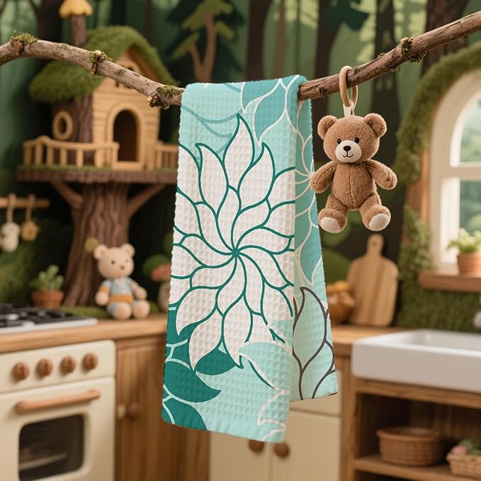 Boho Floral Abstract Waffle Towels, Flower Hand Towel for Bathroom Decor, 16x24 Inch Neutral Azure Flower Dish Tea Towel Decor for Kitchen/Bath/SPA,Gift for Friends.