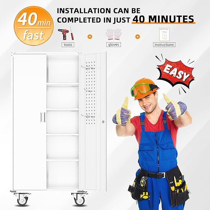 INTERGREAT Rolling Metal Cabinet with Wheels, 75" H Rolling Metal Cabinets with Pegboard, 18" D x 36" W Large Capacity Pulley Cabinet with Adjustable Shelves for Home Office, School, Garage(White)