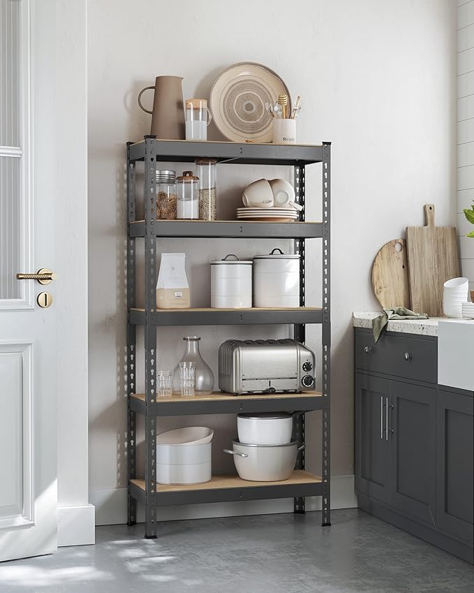 SONGMICS 5-Tier Storage Shelves, Load 2310 lb, Garage Storage, Boltless Assembly, Adjustable Shelving Unit, 11.8 x 29.5 x 59.1 Inches, for Study Shed Basement, Gray and Natural Beige UGLR300G01