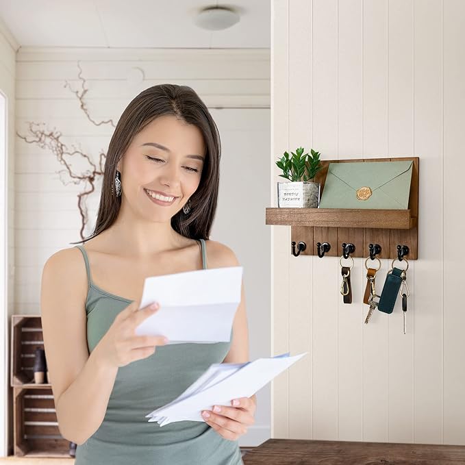 Rebee Vision Decorative Key Holder for Wall - Rustic Key Hooks with Shelf and Mail Organizer Wall Mount for Farmhouse Wall Decor Living Room - Home Essentials for New Home (Brown, 3.54" x 10" x 7.28")