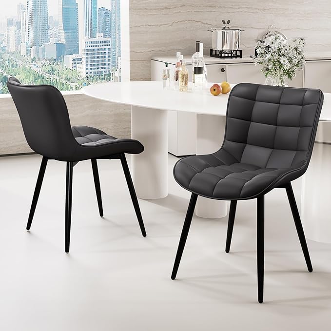 YOUTASTE All Black Dining Chairs Set of 2, Faux Leather Upholstered Armless Chairs with Back and Metal Legs, Mid Century Modern Kitchen Chairs for Living Room, Vanity, or Guest Reception Room