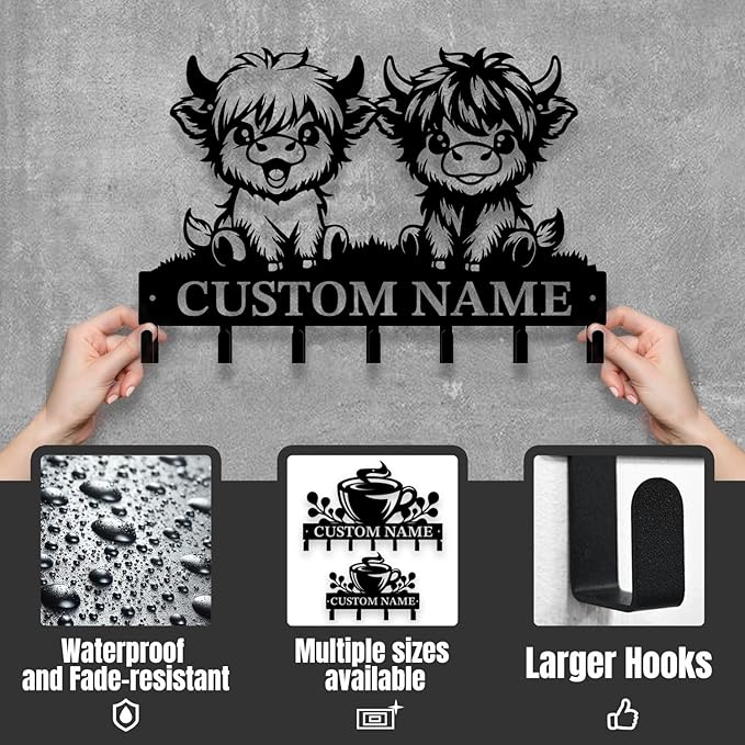 Personalized Highland Cow Metal Keys Hooks,Custom Name Metal Highland Cow Keys Hooks,Black Metal Highland Cow Wall Home Storage Decorative Keys Hooks,Key Holder Hooks for Wall (Style B)