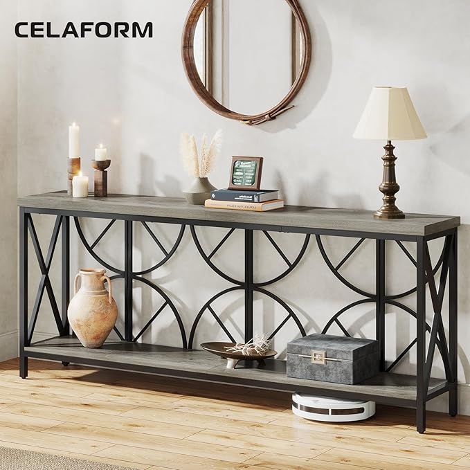 70.9-Inch Extra Long Sofa Table, Narrow Console Table Behind Couch with Storage for Entryway, Living Room, Entrance, Hallway, Foyer, Unique Geometric (Grey)