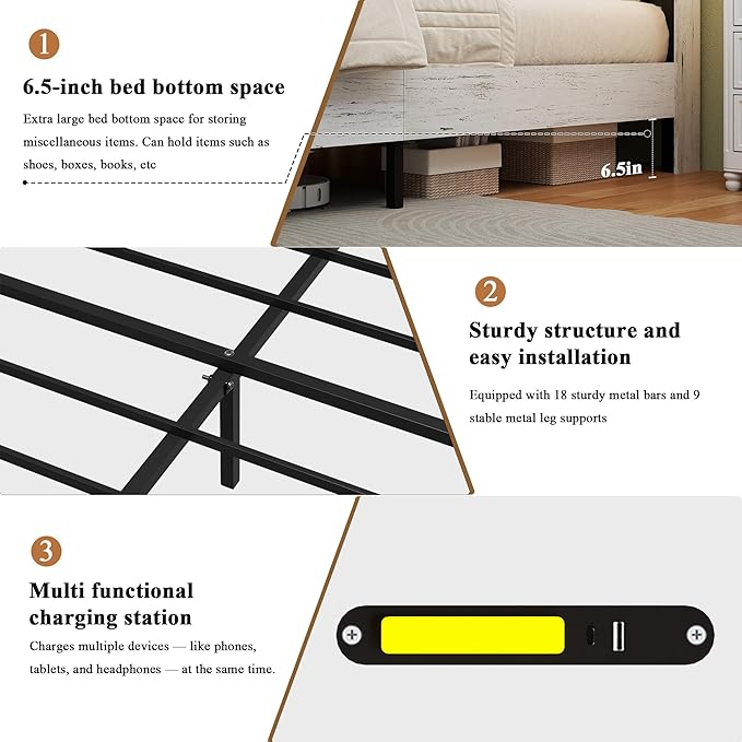 Farmhouse King Size Bed Frame with Headboard Storage Shelf, Wood Platform Bed Frame with LED Lights & Charging Station, Rustic White Metal Bed, No Box Spring Needed, Noise-Free Sturdy Structure