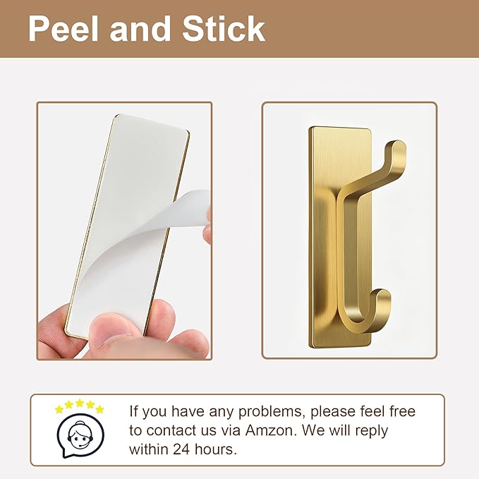 pickpiff Wall Hooks for Coat and Towel: 13LB Adhesive Door Hanger Stick on, Brushed Gold