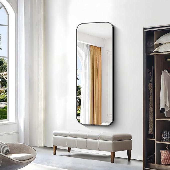 BONEWEI 24x60 inch Bathroom Mirror,Black Rectangle Mirror,Wall Mounted Bathroom Frame Vanity Mirror with Round Corner for Bedroom Living Room,Entryway Hangs Horizontal or Vertical