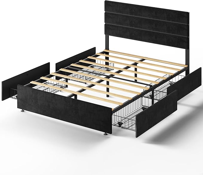 WLIVE Full Size Upholstered Bed Frame with 4 Drawers and Velvet Square Tufted Headboard, Sturdy Metal & Wooden Slats Support, No Box Spring Needed, Easy Assembly, Black