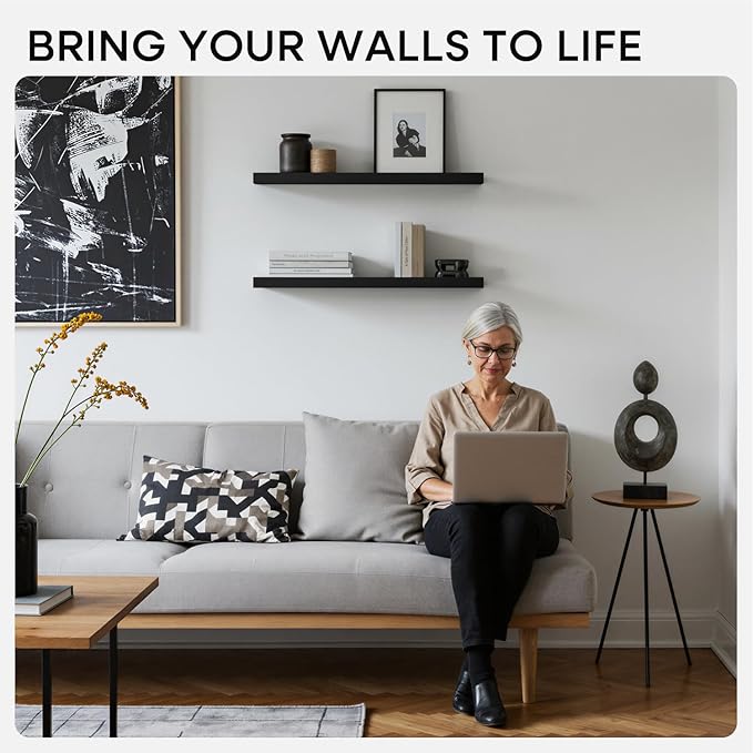 Homeforia Black Floating Shelves 30 inches Long, High End Solid Real Wood 30 inch Floating Shelf for Wall Mounted, Black Wooden 30in Floating Shelves, Heavy Duty Bracket, 30 X 6.5 X 1.75 in, Set of 3