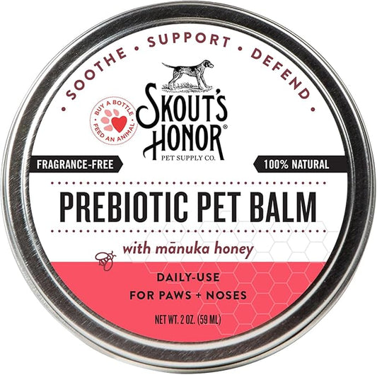 SKOUT'S HONOR Prebiotic Pet Balm - 100% Natural and Made w/Manuka Honey to Promote Healing of Your pet's paw Pads and Nose, Soothes Dry, Itchy Paws and Noses - Safe for Cats and Dogs, 2oz