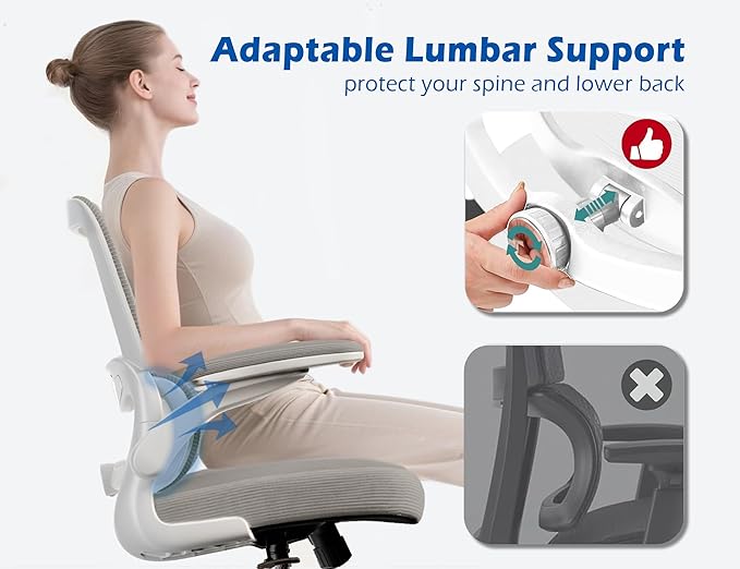 TRALT Ergonomic Office Chair - Desk Chair with Adjustable Lumbar Support Computer Chair - Mesh Comfy Chair with Flip-up Armrests - Gaming Chairs for Adults Home Office (Leather, Grey)