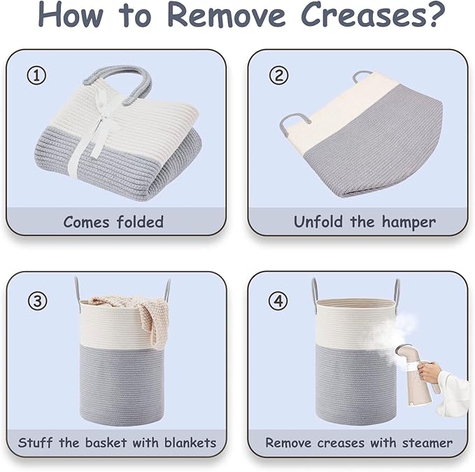 VIPOSCO Large Laundry Hamper, Tall Woven Rope Storage Basket for Blanket, Toys, Dirty Clothes in Living Room, Bathroom, Bedroom - 72L Grey & White