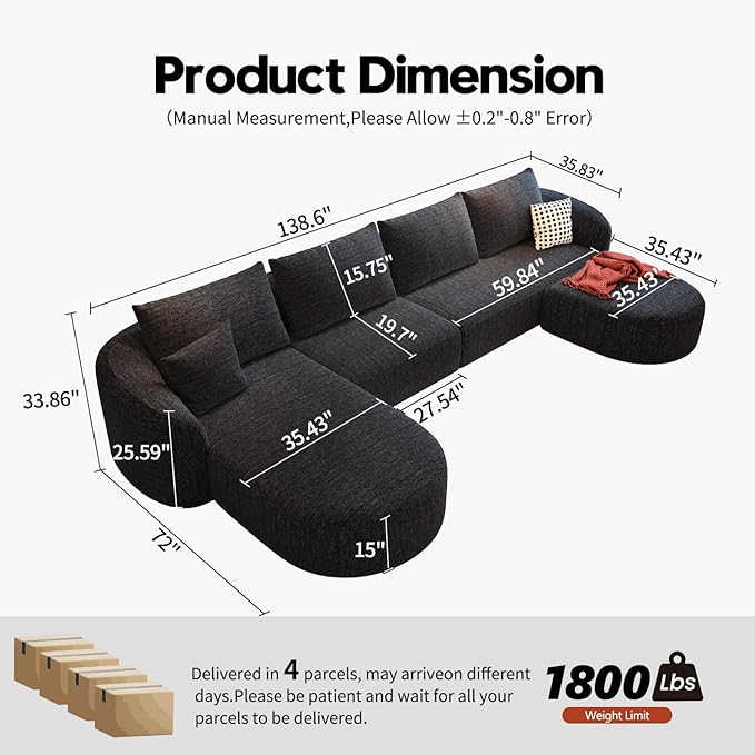 138.6" Modular Sectional Couches Luxury Modern Curved Back U-Shape Sofa Set with Ottoman,Minimalist Comfy Boneless Cloud Couch for Living Room Apartment,(Left Facing Chaise,Black)