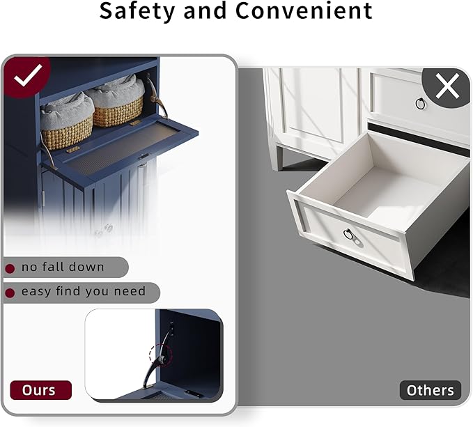 ChooChoo Bathroom Floor Storage Cabinet with Flip Glass Drawer, Freestanding with 2 Doors, Adjustable Shelf & 1 Open Storage for Living Room, Hallway, Navy Blue
