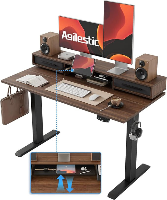 Agilestic 48 Inch Electric Standing Desk with Drawers, Adjustable Desk with Storage Shelf, Stand Up Home Office Computer Table, Splice Board, Dark Walnut