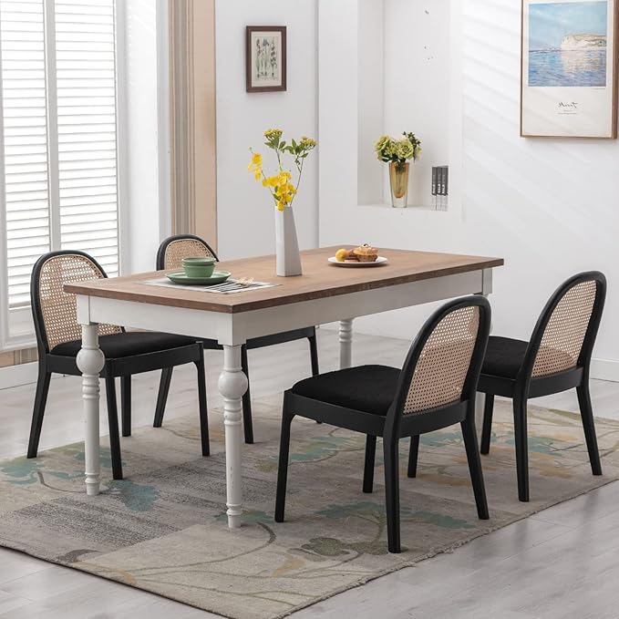 HEAH-YO Rattan Dining Chairs Set of 4, Upholstered Sherpa Dining Room Chairs with Backrests, Modern Kitchen Chairs with Wood Legs for Dining Room, Black