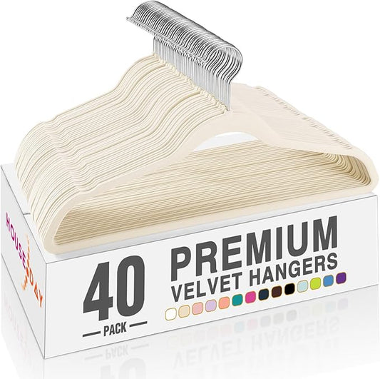 HOUSE DAY Ivory Velvet Hangers 40 Pack, Non Slip Clothes Felt Hanger Heavy Duty for Coat, Premium Slim Space Saving Suit Hangers for Closet Organizer, 360° Rotating Silver Hook