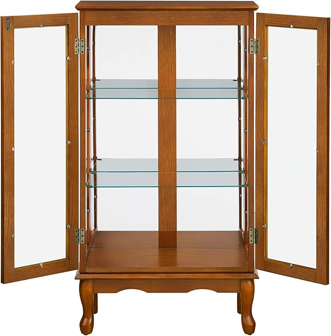 Goujxcy Lighted Curio Cabinet, Modern Floor Standing Glass Curio Cabinet Display Case Cabinet with Adjustable Shelves, Mirrored Back Panel and Tempered Glass Doors for Home/Office (Oak)