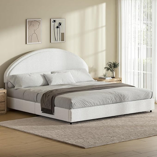 King Size Bed Frame with Round Headboard, Boucle Upholstered Bed with Round Headboard, Soft Arch Shaped Modern Style, No Box Spring Required, Easy Assembly, White
