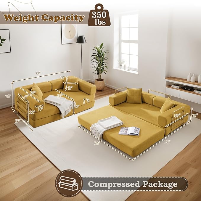 Antetek Convertible Futon Sofa Bed, 3-Seater Modern Corduroy Foam Floor King Size Bed Foldable Sleeper Lounge Loveseat Sofa Couch with 2 Throw Pillows for Living Room Bedroom Guest Room, Yellow