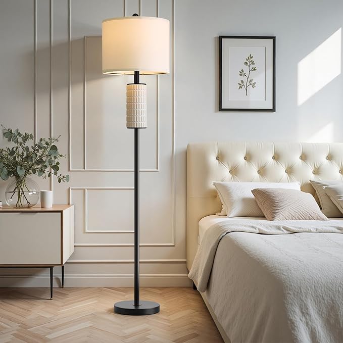 PoKat Ceramic Floor Lamp with Remote, 64" Modern Floor Lamps for Living Room with Stepless Dimmable Colors Temperature, Tall Standing Lamp for Living Room Bedroom Office, 9W Bulb Included, Black