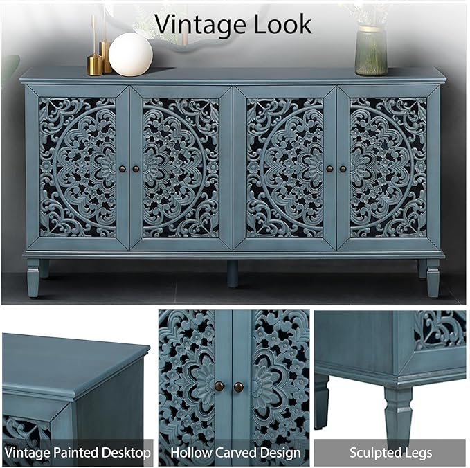 Retro 60'' Large Storage Cabinet Sideboard with 4 Hollow-Carved Doors and Adjustable Shelves, Acacia Wood Vintage Entryway Console Table TV Stand for Living Room Dining Room (Antique Blue-LK)