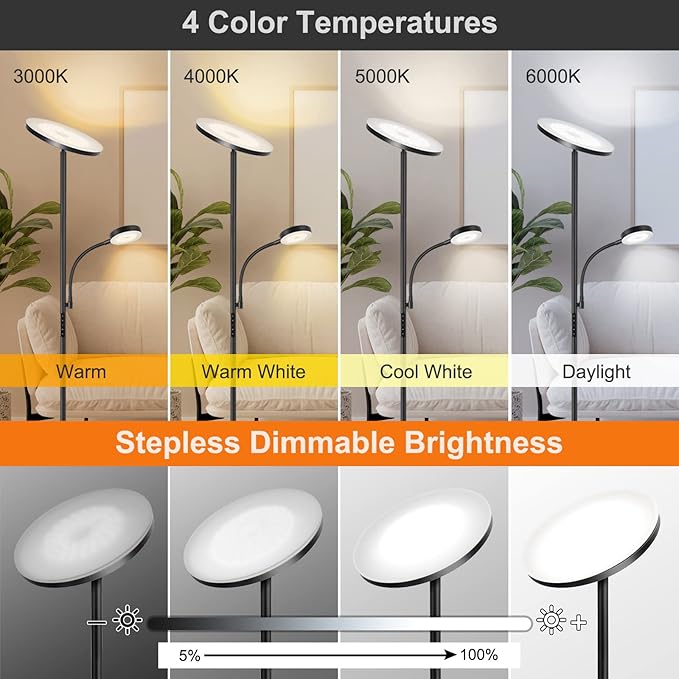 OUTON LED Floor Lamp, 27W/2400LM Modern Torchiere Lamp & 7W/ 400LM Reading Lamp, Bright Dimmable Standing Tall Lamp with 4 Color Temperature, Remote Touch Control for Living Room Bedroom Office, Black