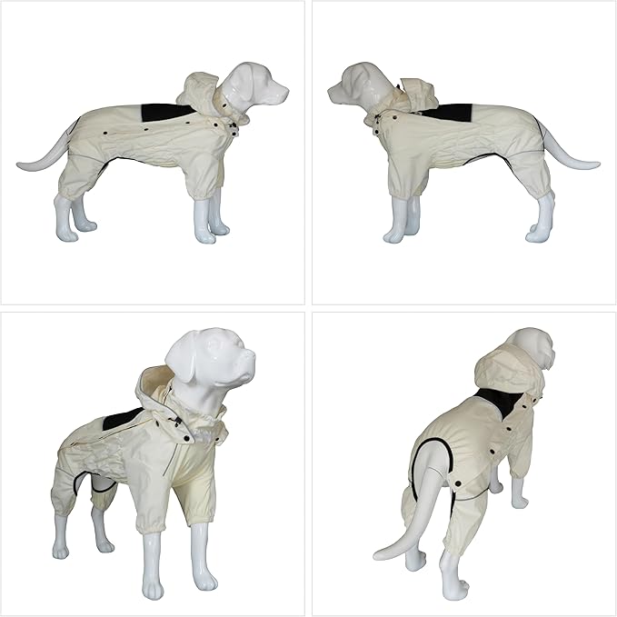 LOVELONGLONG Waterproof Dog Raincoat with Removable Hood – Outdoor Full Body Dog Jacket, Windproof Snowproof Shell Suit – All Season Pet Rain Gear Ivory XL