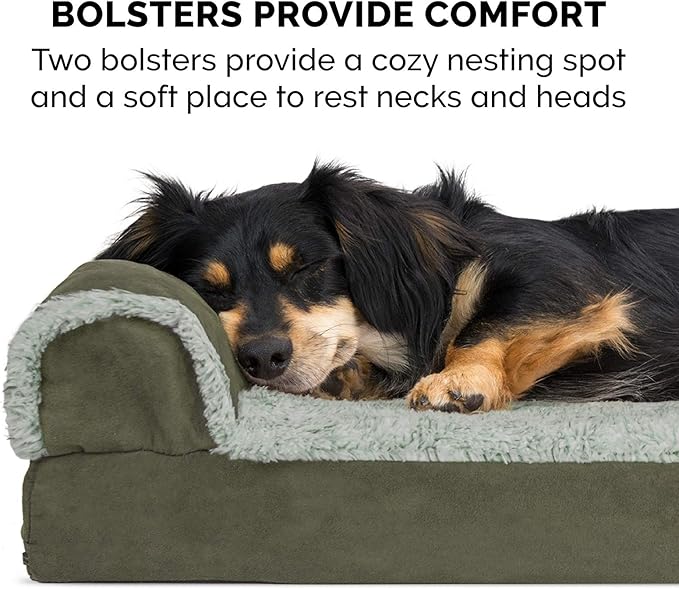 Furhaven Orthopedic Dog Bed for Medium/Small Dogs w/ Removable Bolsters & Washable Cover, For Dogs Up to 35 lbs - Two-Tone Plush Faux Fur & Suede L Shaped Chaise - Dark Sage, Medium