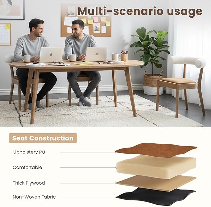 Kmax Dining Room Chairs Mid-Century Modern Leather Kitchen Chairs with Natural Walnut Finished Frame, Fur White Curved Back, 2-Pcs Set, PU Brown