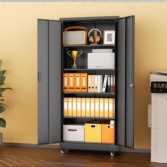 INTERGREAT Metal Storage Cabinet with Wheels, 73" H Rolling Metal Cabinets with Doors and Shelves, Black Steel Lockable Cabinet on Wheels for Garage Storage