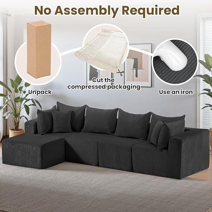 Oversize 131” Boneless Couch for Living Room, Comfort L Shaped Cloud Couch Sectional, Extra Deep Seats Corduroy Modular Sectional Sofa No Assembly,Black