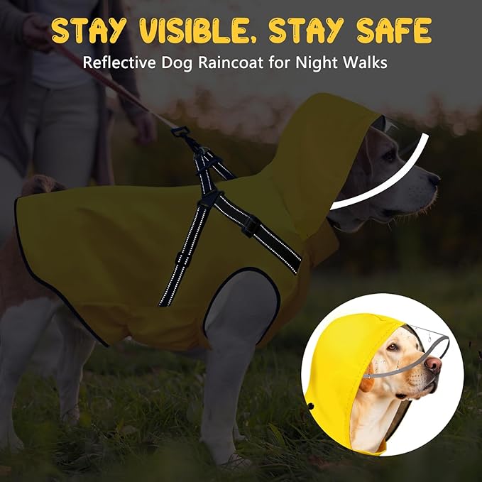 Dog Raincoat: Dog Rain Jacket with Reflective Harness & Removable Hood | Waterproof Dogs Rain Coat Poncho for Large Medium Small Dogs Puppies (Yellow - S)