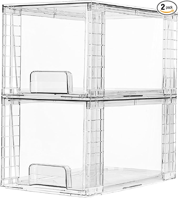 Vtopmart 2 Pack Large Stackable Storage Drawers,Clear Acrylic Drawer Organizers with Handles, Easily Assemble for Bathroom,Kitchen Undersink,Cabinet,Closet,Makeup,Pantry organization and Storage