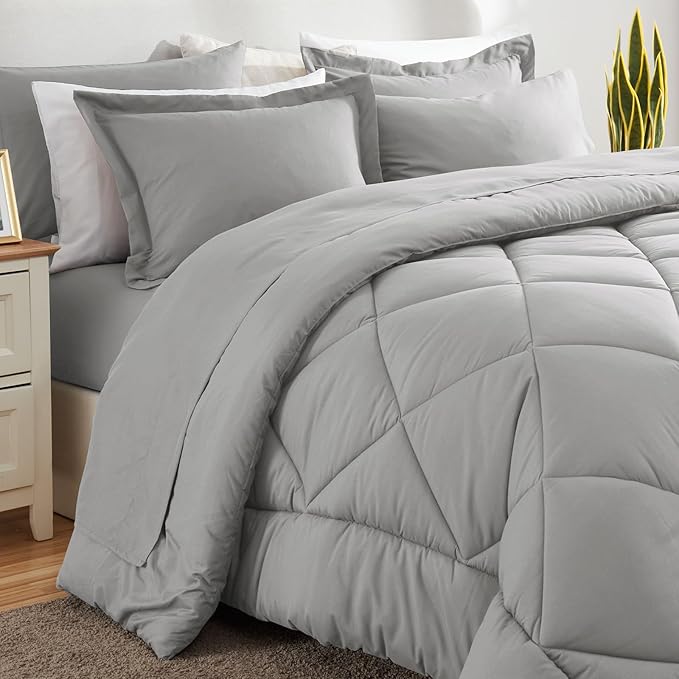 CozyLux King Size Comforter Set Light Grey - 7 Pieces Bed in a Bag King, Luxury Soft Bed Set for All Seasons, Bedding Set with Down Alternative Comforter, Sheets, Pillowcases & Shams