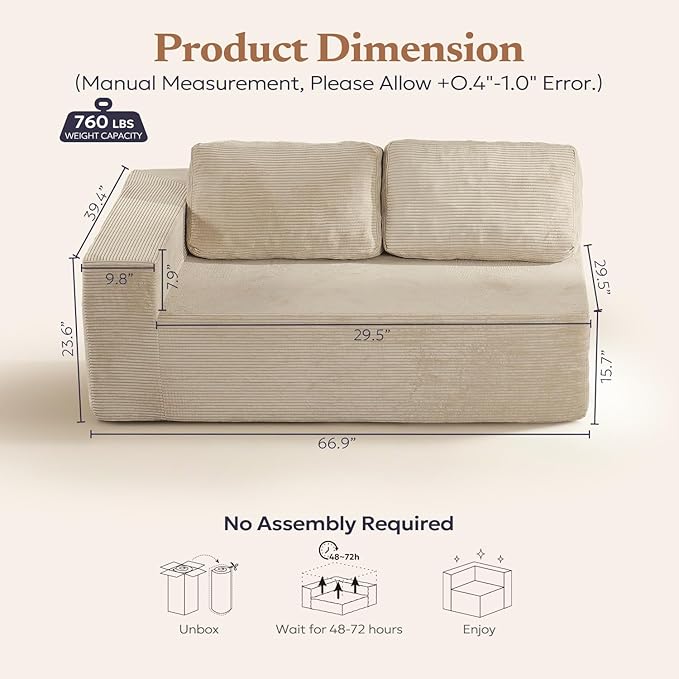 Loveseat Sofa, Cloud Modular Sofa Couch, Upholstered Floor Sofa with Deep Seat, Upholstered Foam Couch for Bedroom Living Room, No Assembly Required (Corduroy Fabric, Beige)