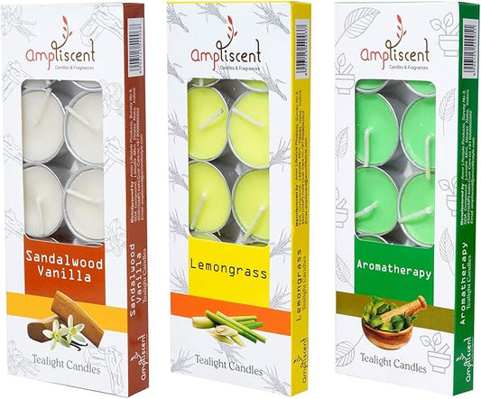 TeaLights Candles I Sandalwood Vanilla + Aromotherapy + Lemongrass I Pack of 3-30 Premium Tealights I Long-Lasting Aroma | for Home Decor, Meditation, Christmas & Holiday Gifts