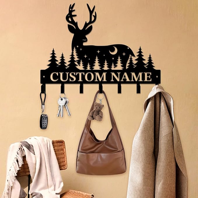 Personalized Custom Name Forest Deer Wall Keys Hooks,Metal Forest Deer Art Clothes Hooks,Metal Forest Deer Wall Home Storage Decorative,For Front Door, Hallway, Kitchen, Bedroom,Keys,Hats (Style G)