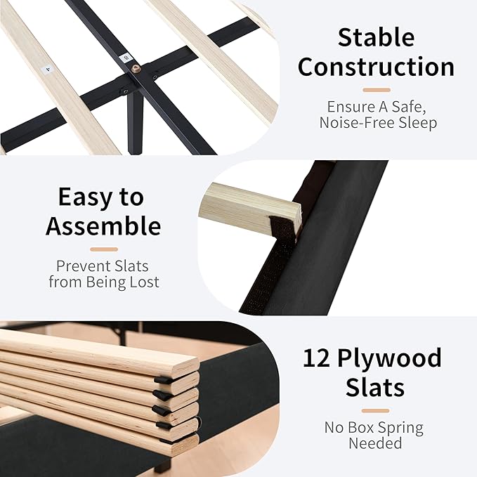 Full Size Upholstered Platform Bed Frame with Modern Wingback & Vertical Panel Headboard, Linen Fabric, Wooden Legs & Slats Support, No Box Spring Needed, Noise-Free & Easy Assembly, Black