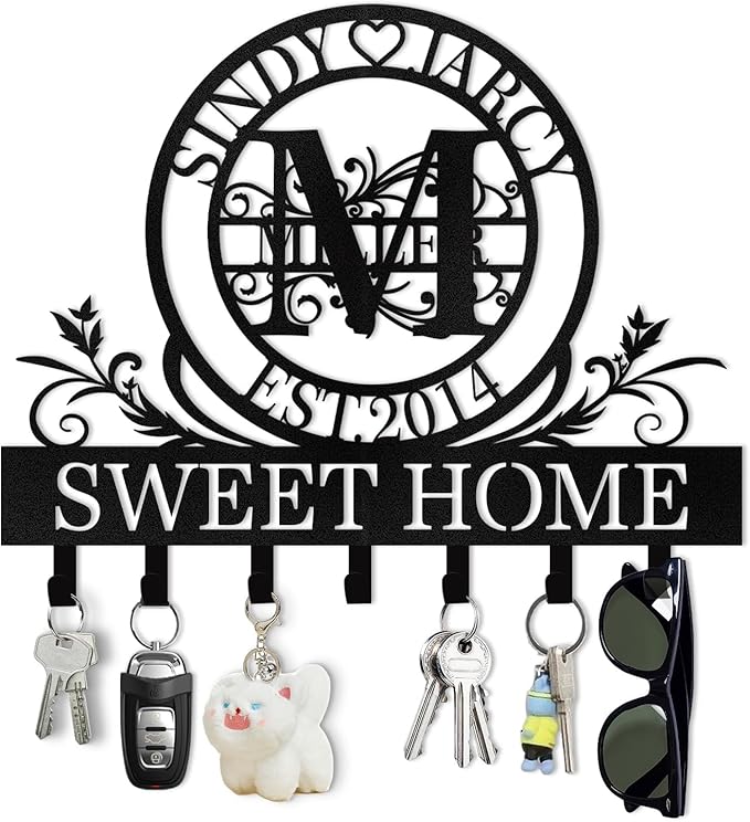 Personalized Metal Key Holder Wall Mount, Custom Last Name Key Holder for Wall, Home Decor, Decorative Key Rack Coat Hooks for Entryway Office Kitchen Doorway, Housewarming Gifts