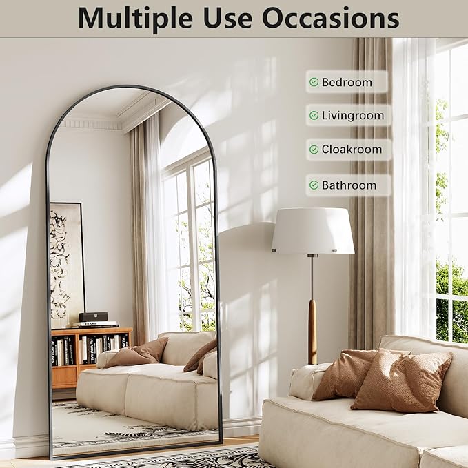 Large Full Length Mirror, 30"x71" Arched Floor Mirror Full Length with Stand, Room Decor Big Full Body Mirror with HD Tempered Glass Aluminum Frame for Bedroom Living Room, Black