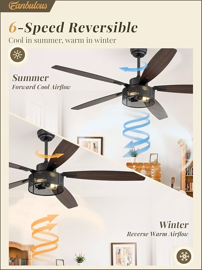Farmhouse Ceiling Fans with Lights and Remote, 60 Inch Industrial Black Caged Ceiling Fans for Living Room Bedroom Kitchen, 6 Speed Reversible Quiet DC Motor, Dual Finish 5 Blades