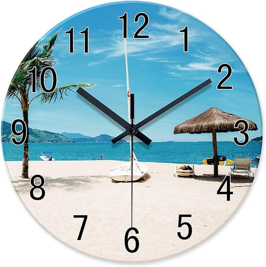 XFM Blue Beach Wall Clock 16 Inch Silent Non Ticking Wall Clocks Battery Operated Tropical Hawaii Coastal Wall Clock for Living Room Bedroom Home Office Decor