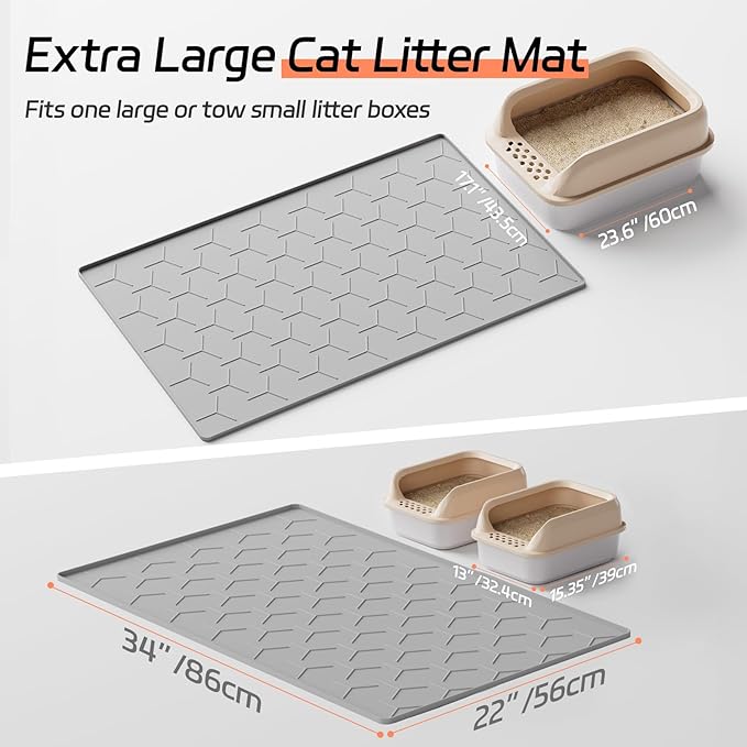 Large Silicone Cat Litter Mat, Waterproof/Urineproof, Litter Recycling, Easy to Clean, Soft on Kitty Paw (22"X34"- Grey)
