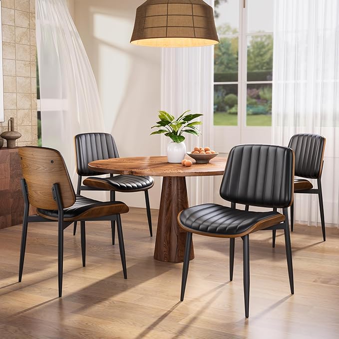 Dining Chairs Set of 4, FSC Certified Mid Century Modern Dining Room Kitchen Chairs, Upholstered PU Leather Vertical Stripe Chairs for Vanity with Walnut Bentwood and Metal Legs, Black