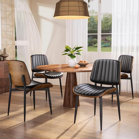 Dining Chairs Set of 4, FSC Certified Mid Century Modern Dining Room Kitchen Chairs, Upholstered PU Leather Vertical Stripe Chairs for Vanity with Walnut Bentwood and Metal Legs, Black